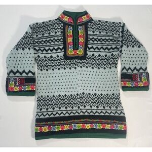 Vtg 70's Oversized Nordic Style Soft Wool Sweater With Embroidered Felt Trim